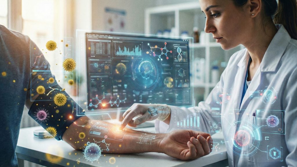 Un médecin utilisant la réalité augmentée pour analyser des données allergologiques sur le bras d'un patient.