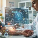 Un médecin utilisant la réalité augmentée pour analyser des données allergologiques sur le bras d'un patient.