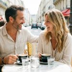 Un couple heureux assis à une terrasse de café, partageant un moment convivial en pleine journée.