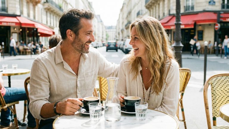 Un couple heureux assis à une terrasse de café, partageant un moment convivial en pleine journée.