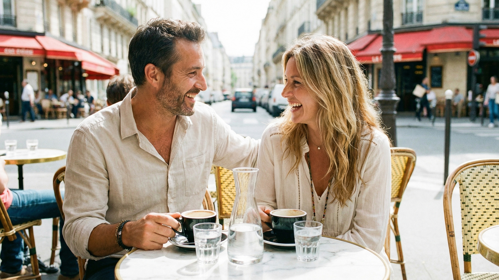 Un couple heureux assis à une terrasse de café, partageant un moment convivial en pleine journée.