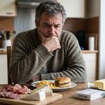 Homme pensif devant une table avec des aliments riches en cholestérol et une boîte de statines.