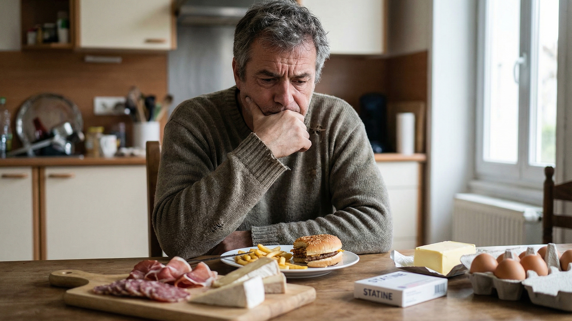 Homme pensif devant une table avec des aliments riches en cholestérol et une boîte de statines.