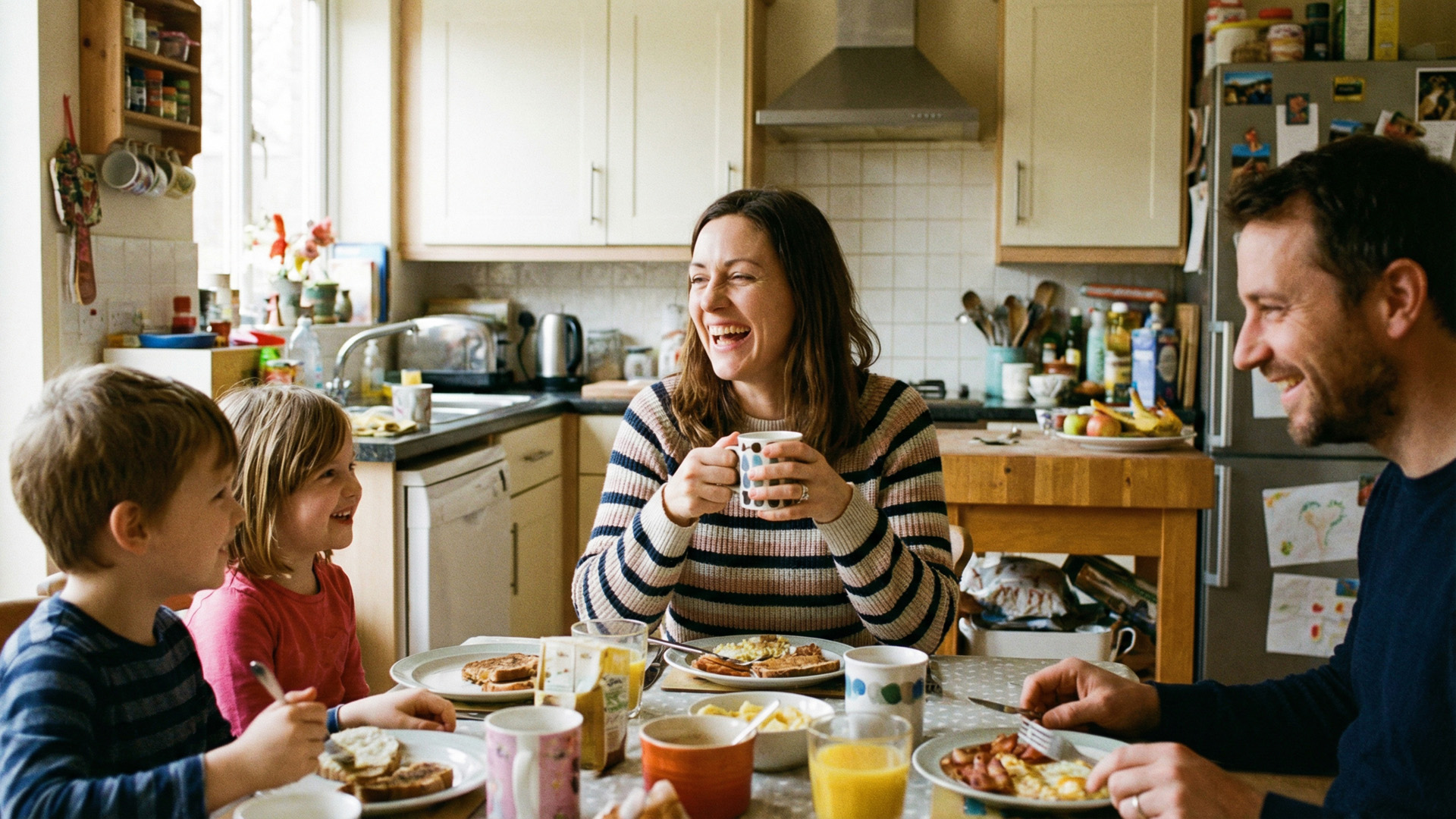 Une famille souriante partage un repas dans une cuisine conviviale.