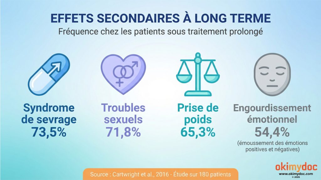 Infographie montrant les effets secondaires à long terme des antidépresseurs avec leurs pourcentages d'incidence.