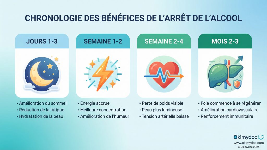 Chronologie des bénéfices de l'arrêt de l'alcool, montrant des améliorations en sommeil, énergie, poids, et santé du foie.