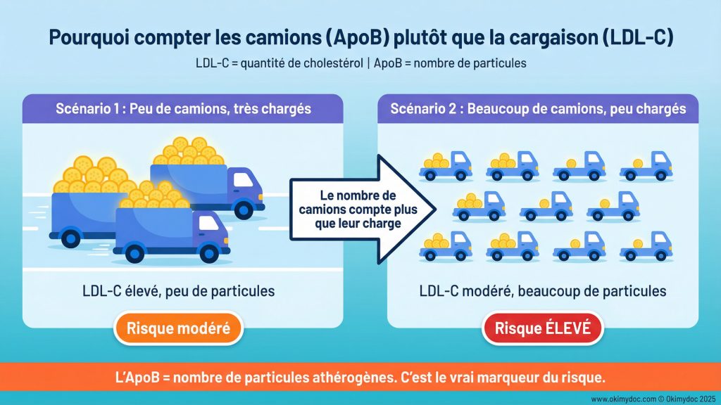Illustration comparant deux scénarios de distribution du cholestérol par les lipoprotéines, mettant en évidence l'importance du nombre de particules ApoB.