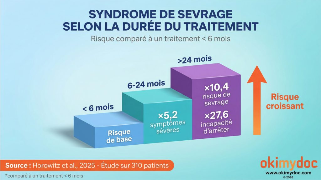Graphique montrant l'augmentation du risque de syndrome de sevrage selon la durée du traitement antidépresseur.