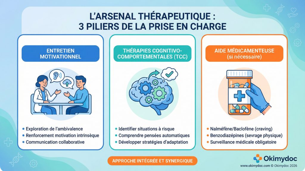 Infographie sur les trois piliers de la prise en charge thérapeutique : entretien motivationnel, thérapies cognitivo-comportementales, et aide médicamenteuse.