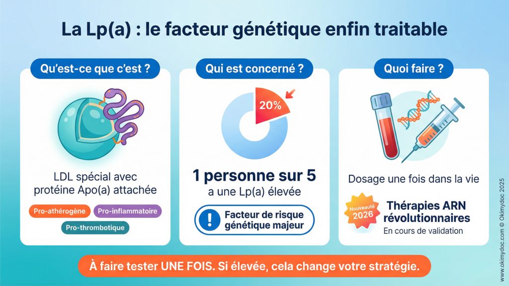 Infographie expliquant le rôle de la Lp(a) comme facteur génétique de risque cardiovasculaire.