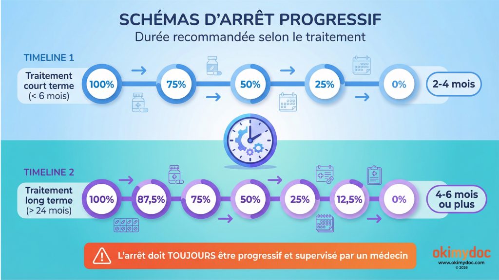 Infographie illustrant les schémas d'arrêt progressif des antidépresseurs selon la durée du traitement, avec des étapes de réduction de dose.