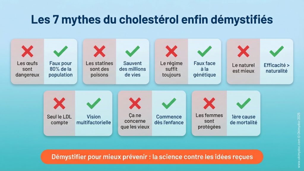 Infographie illustrant les sept mythes du cholestérol démythifiés.