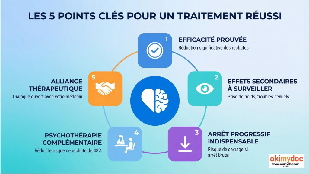 Infographie circulaire des 5 points clés pour un traitement réussi, incluant efficacité prouvée, effets secondaires à surveiller, arrêt progressif, psychothérapie complémentaire et alliance thérapeutique.