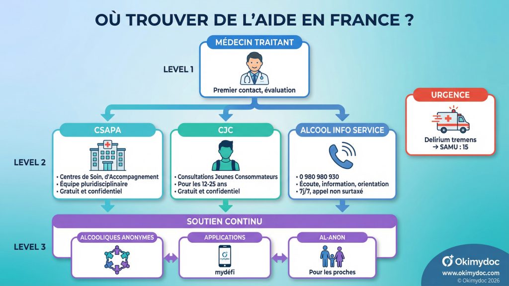 Infographie sur les ressources d'aide pour arrêter l'alcool en France.