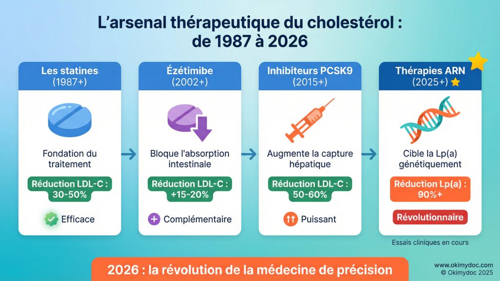 Infographie sur l'arsenal thérapeutique du cholestérol de 1987 à 2026.