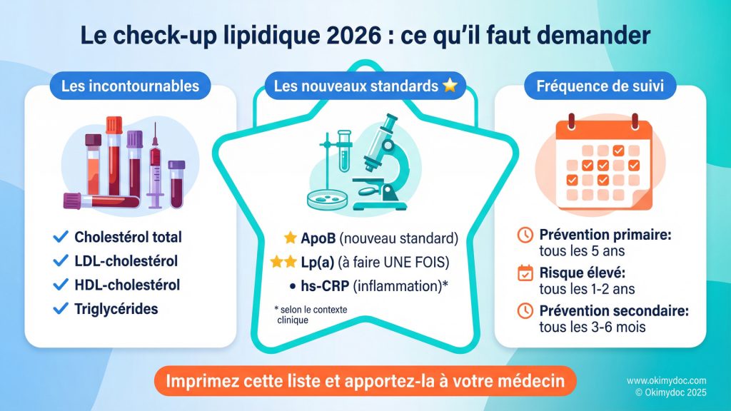 Infographie sur le check-up lipidique 2026 avec les tests recommandés et la fréquence de suivi.