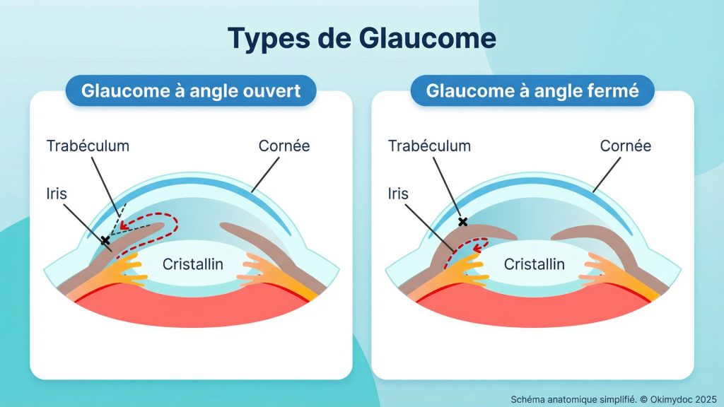 Diagramme montrant les structures de l'œil dans le glaucome à angle ouvert et à angle fermé.