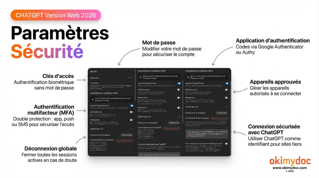 Capture d'écran des paramètres de sécurité pour ChatGPT en 2026, incluant des options de mot de passe, authentification multifacteur et gestion des appareils.
