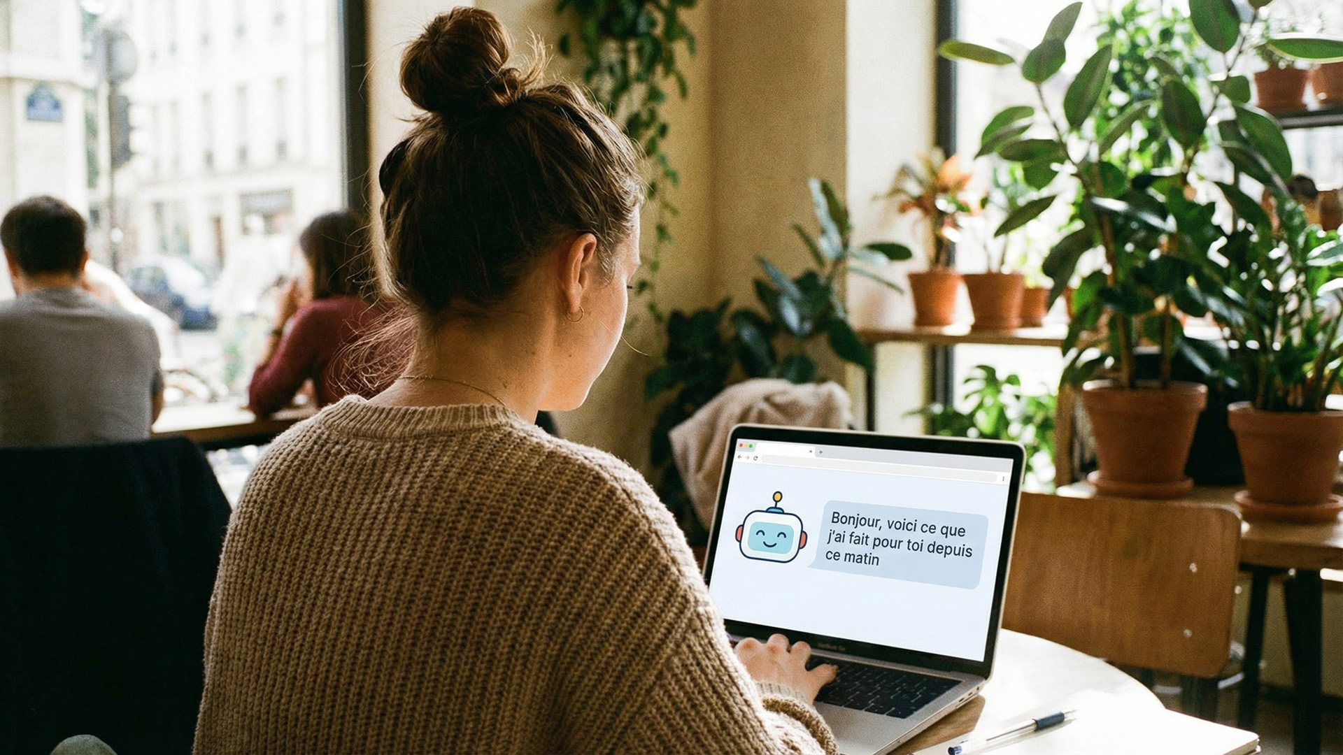 Personne utilisant un ordinateur portable avec un message affiché de l'intelligence artificielle.