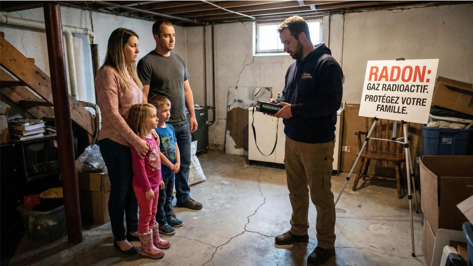 Une famille dans un sous-sol reçoit des conseils sur la sécurité du radon.