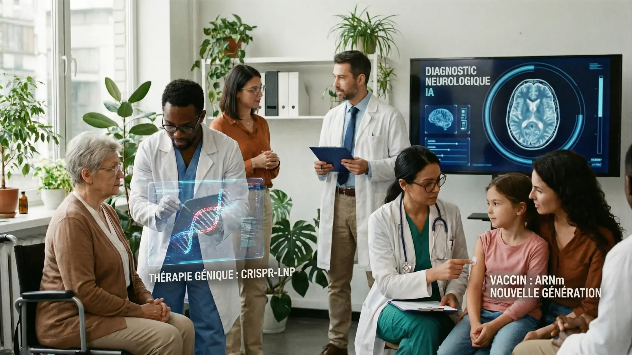 Des médecins discutent dans un bureau avec une patiente âgée et une enfant recevant des soins, avec des hologrammes de thérapie génique et de diagnostic neurologique.