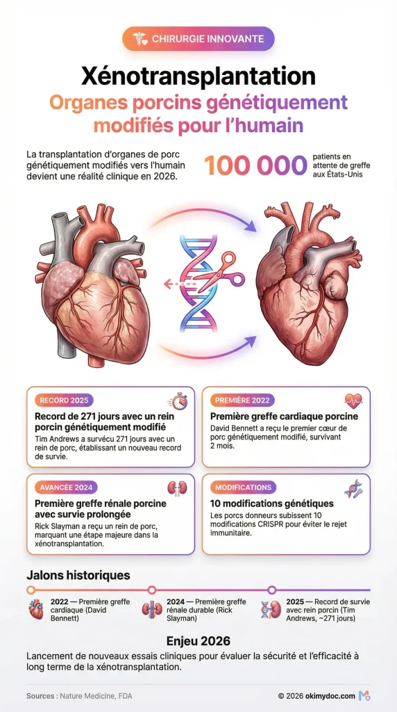 Illustration de la xénotransplantation avec des organes de porc pour l'humain.