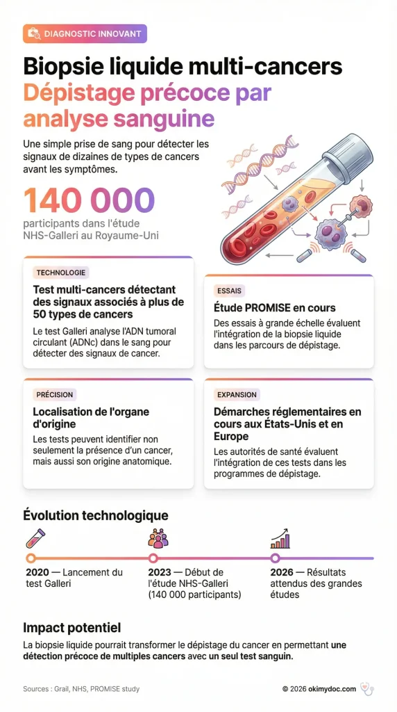 Infographie sur la biopsie liquide multi-cancers pour le dépistage précoce par analyse sanguine.