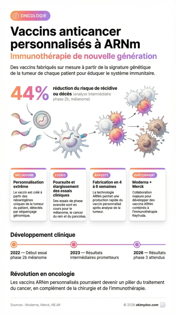 Infographie sur les vaccins anticancer personnalisés à ARNm montrant une réduction du risque de récidive ou de décès de 44%.