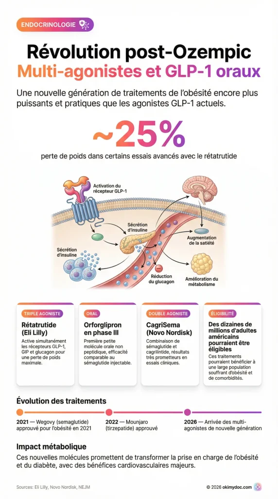 Infographie montrant les traitements multi-agonistes et oraux GLP-1 pour l'obésité, avec une illustration des mécanismes d'action.