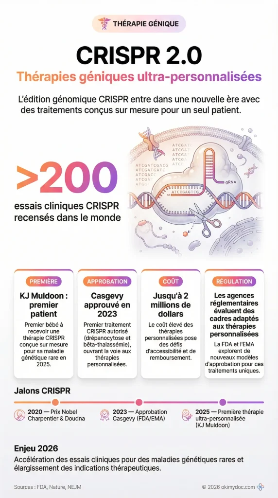 Infographie sur CRISPR 2.0 et les thérapies géniques personnalisées.
