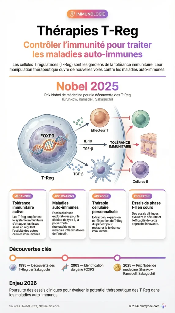 Infographie illustrant le rôle des thérapies T-Reg dans le contrôle de l'immunité pour traiter les maladies auto-immunes.