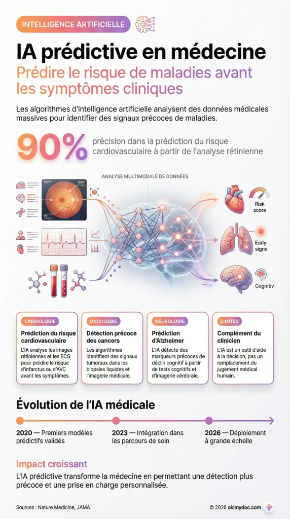 Infographie sur l'IA prédictive en médecine montrant des applications en cardiologie, oncologie et neurologie.
