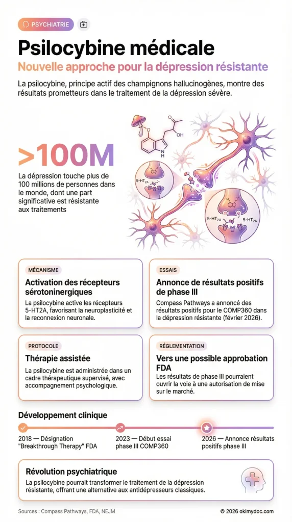 Infographie sur la psilocybine médicale dans le traitement de la dépression résistante.