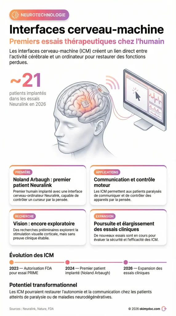 Infographie sur les interfaces cerveau-machine montrant des essais thérapeutiques, avec un patient illustré et des données sur les applications cliniques.
