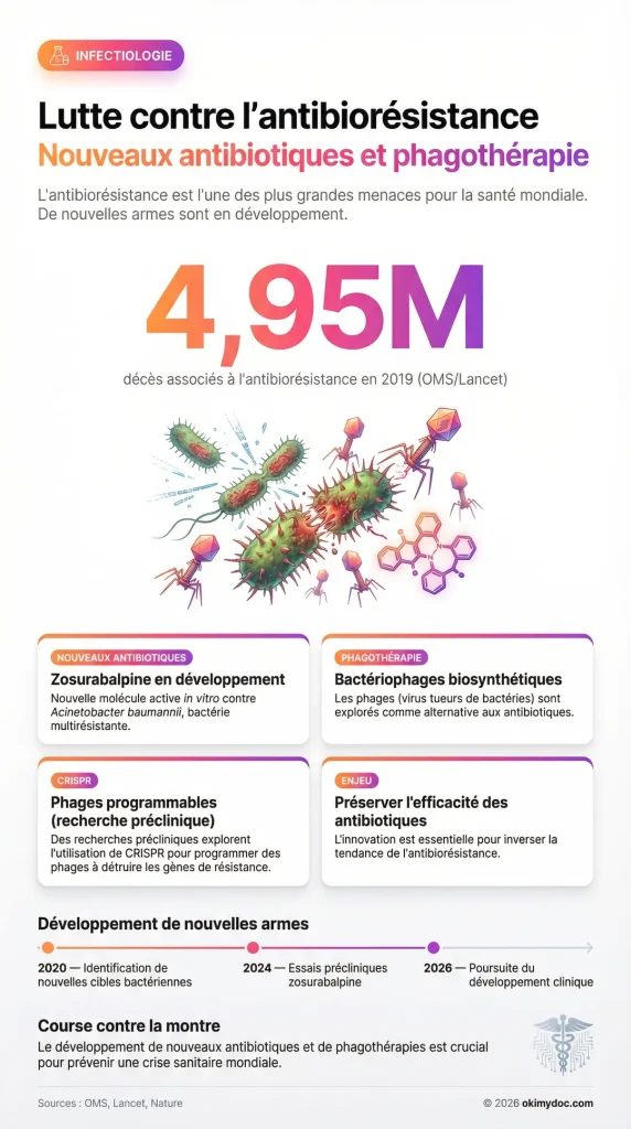 Infographie sur la lutte contre l'antibiorésistance avec focus sur les nouveaux antibiotiques et la phagothérapie.