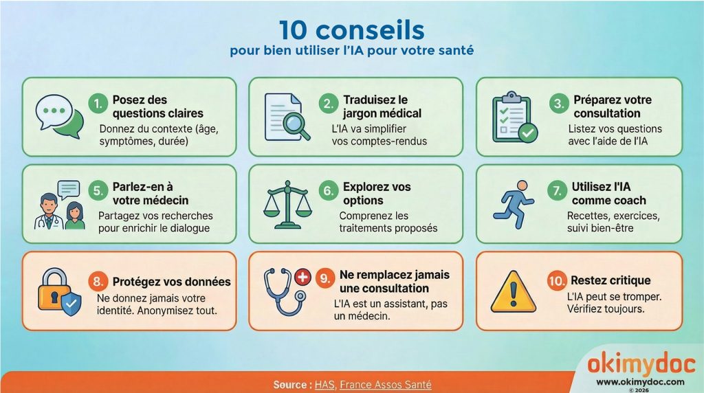 Infographie présentant 10 conseils pour bien utiliser l'IA dans le domaine de la santé.
