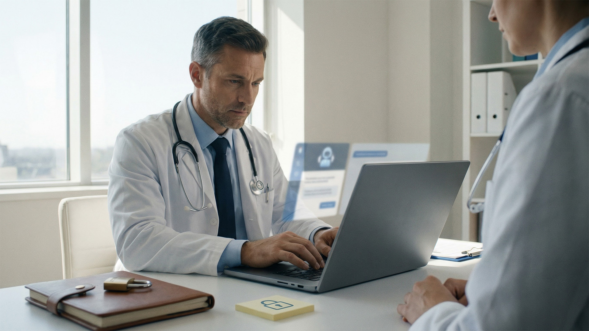 Médecin travaillant sur un ordinateur portable dans un bureau, avec un stéthoscope autour du cou.