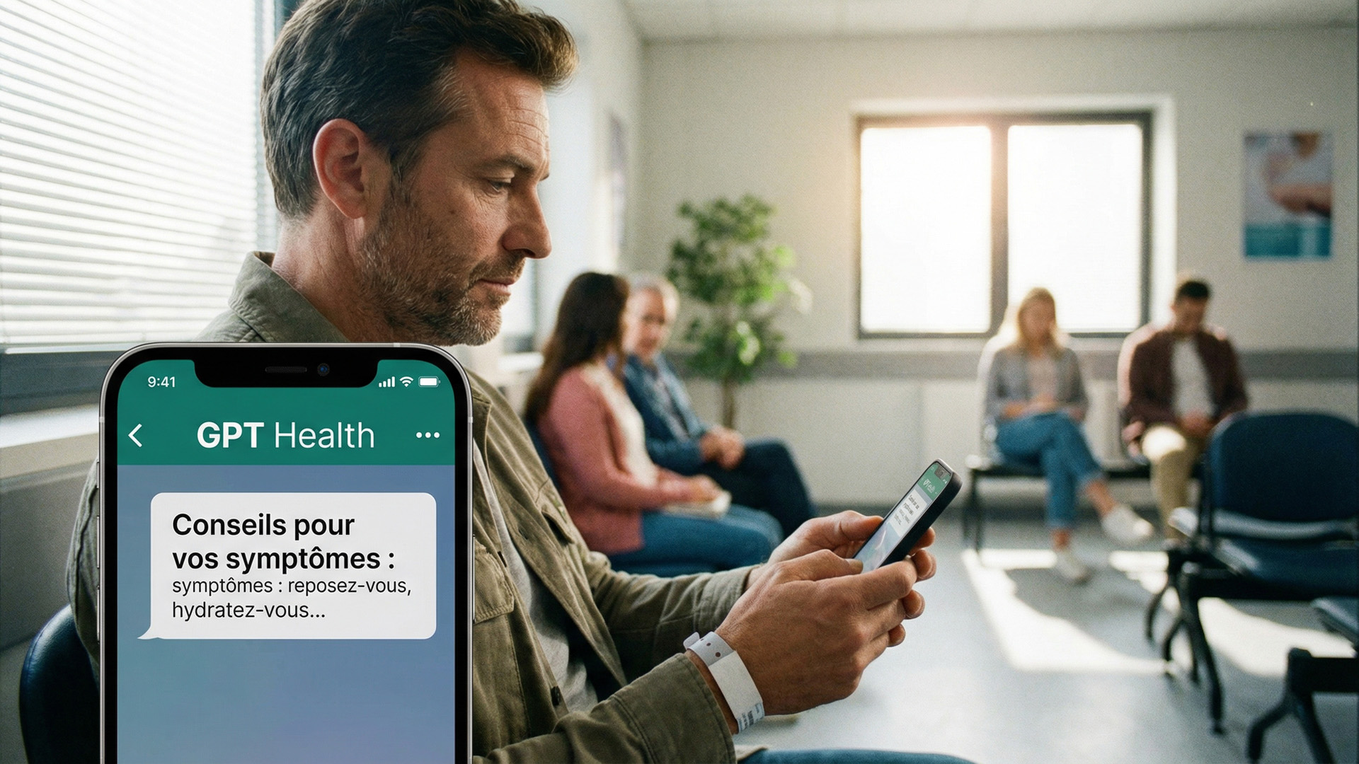 Homme dans une salle d'attente regardant un smartphone avec l'application GPT Health affichant des conseils de santé.