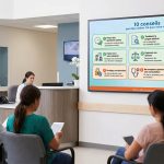 Salle d'attente avec des patients regardant un écran affichant 10 conseils sur l'utilisation de l'intelligence artificielle en santé.