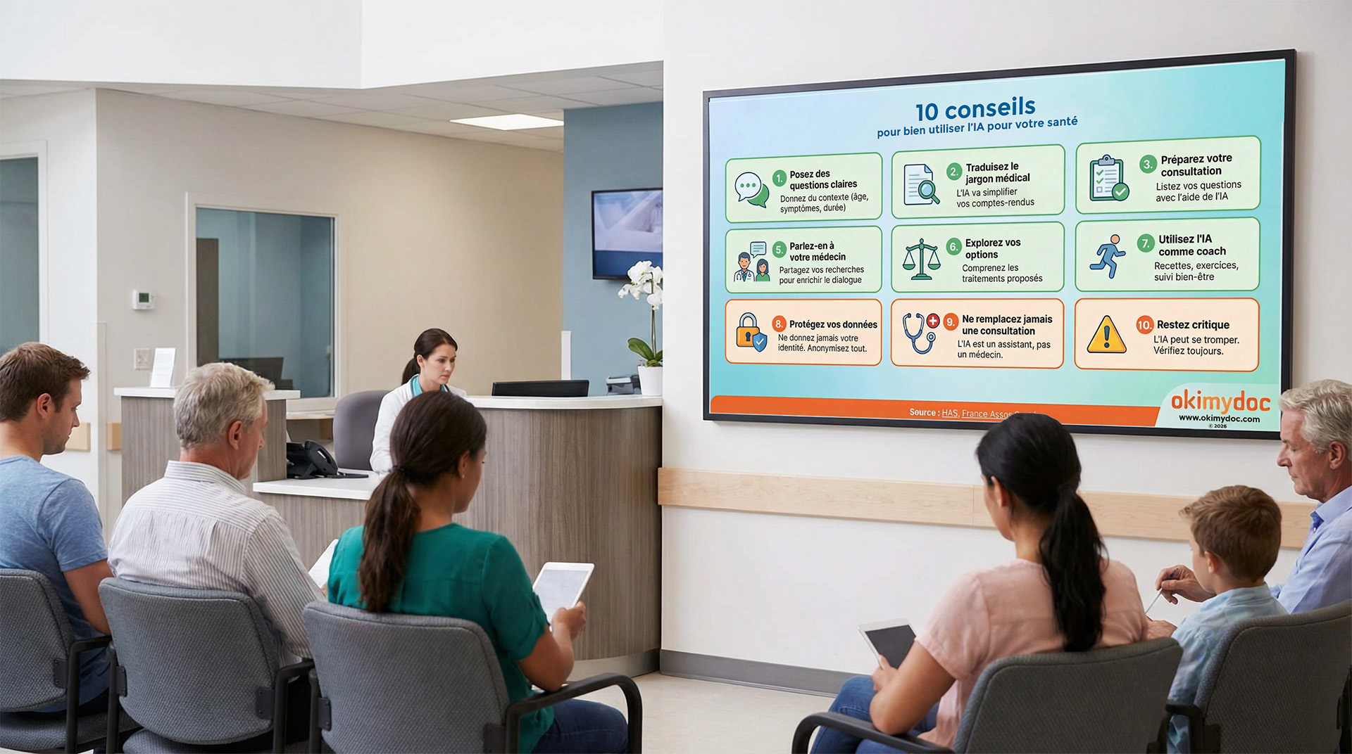 Salle d'attente avec des patients regardant un écran affichant 10 conseils sur l'utilisation de l'intelligence artificielle en santé.