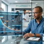 Homme consultant un graphique interactif sur la demi-vie d'un médicament en pharmacie.