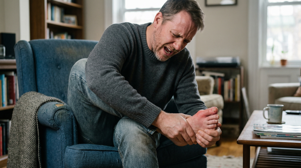 Homme assis dans un fauteuil tenant son pied avec une expression de douleur.