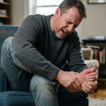 Homme assis dans un fauteuil tenant son pied avec une expression de douleur.