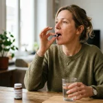 Personne prenant un médicament avec un verre d'eau.