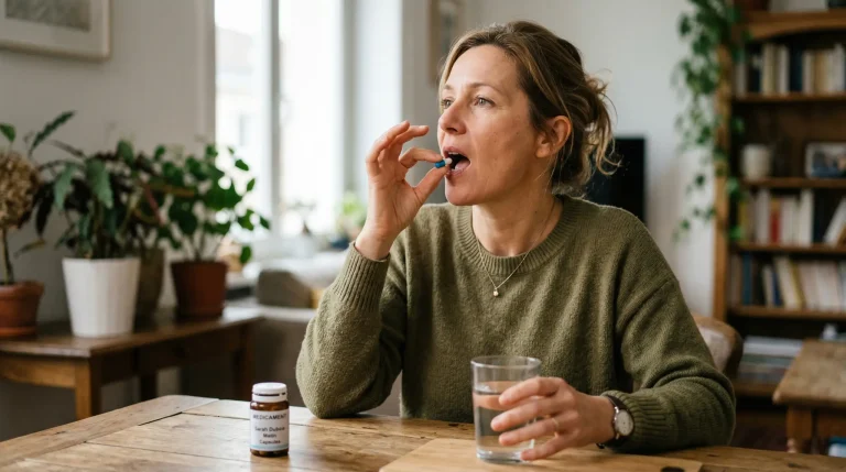 Personne prenant un médicament avec un verre d'eau.