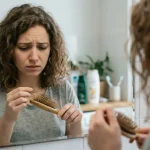 Femme préoccupée par la perte de cheveux observée sur une brosse, devant un miroir.