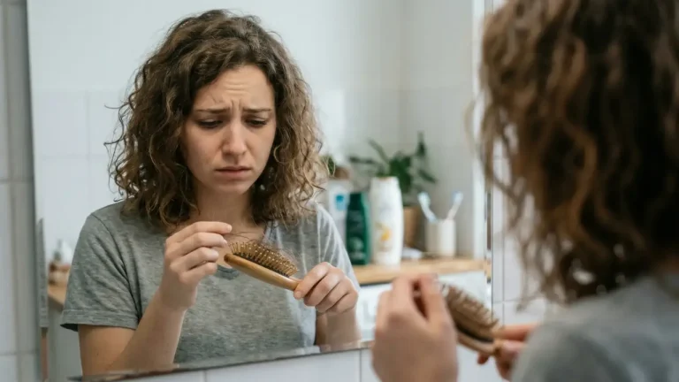 Femme préoccupée par la perte de cheveux observée sur une brosse, devant un miroir.