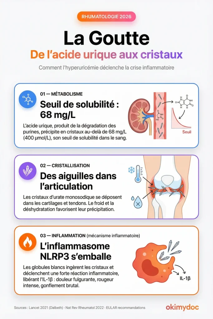 Infographie expliquant le processus de la goutte, de l'hyperuricémie à l'inflammation.