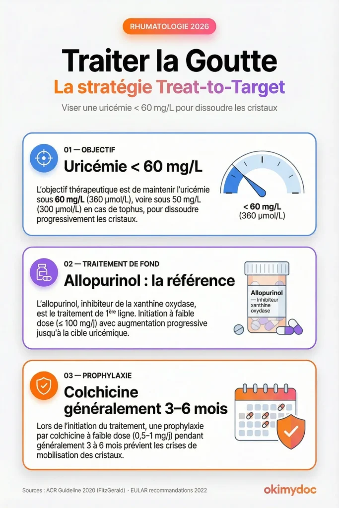Infographie sur le traitement de la goutte en 2026, mettant l'accent sur la stratégie 'Treat-to-Target'.