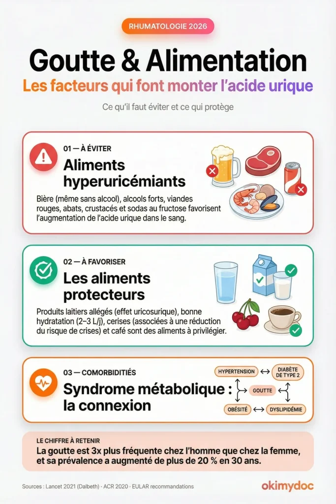 Infographie sur l'alimentation et la goutte, montrant les aliments à éviter et à favoriser.